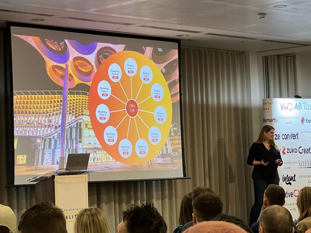 Annemarie Klaassen delivering her talk on treating your CRO program as a product to Experimentation Elite.