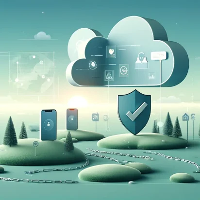 A stylised illustration of a digital cloud hovering over a soft green landscape, containing icons for data, communication, and user profiles. Below the cloud, a shield with a checkmark symbolizes security, while a dotted path connects mobile devices on the ground, suggesting protected data flow and cloud-based connectivity.