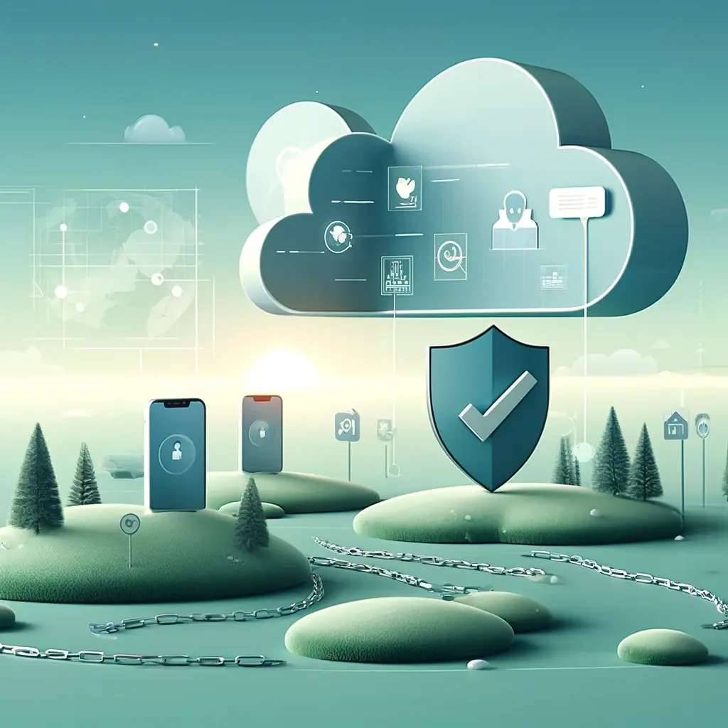 A stylised illustration of a digital cloud hovering over a soft green landscape, containing icons for data, communication, and user profiles. Below the cloud, a shield with a checkmark symbolizes security, while a dotted path connects mobile devices on the ground, suggesting protected data flow and cloud-based connectivity.