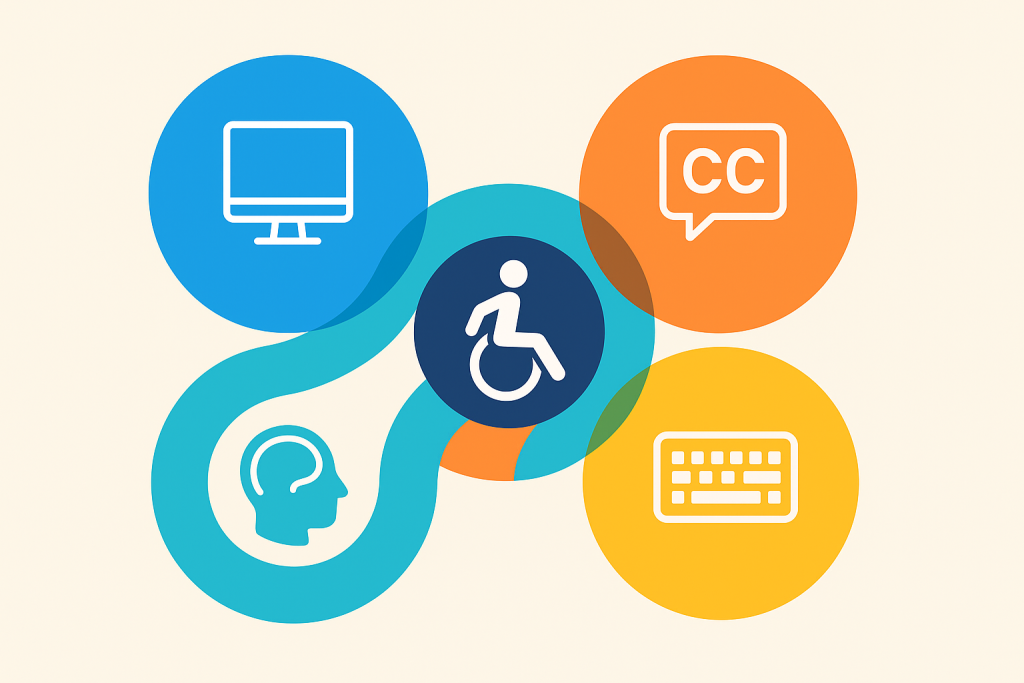 Abstract flat illustration with overlapping colourful circles and pathways. At the centre is a wheelchair accessibility symbol, surrounded by icons for a computer screen, captions, a keyboard, and a head profile representing neurodiversity.