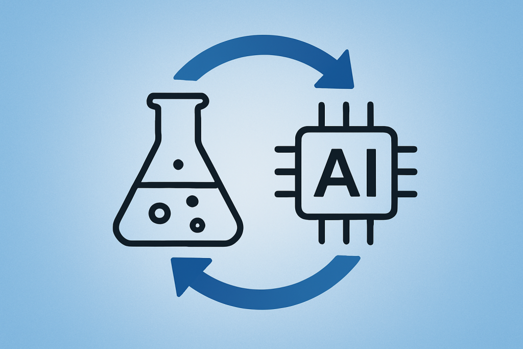 Illustration showing a lab flask and an AI chip connected by circular arrows, symbolising the interaction between experimentation and artificial intelligence.